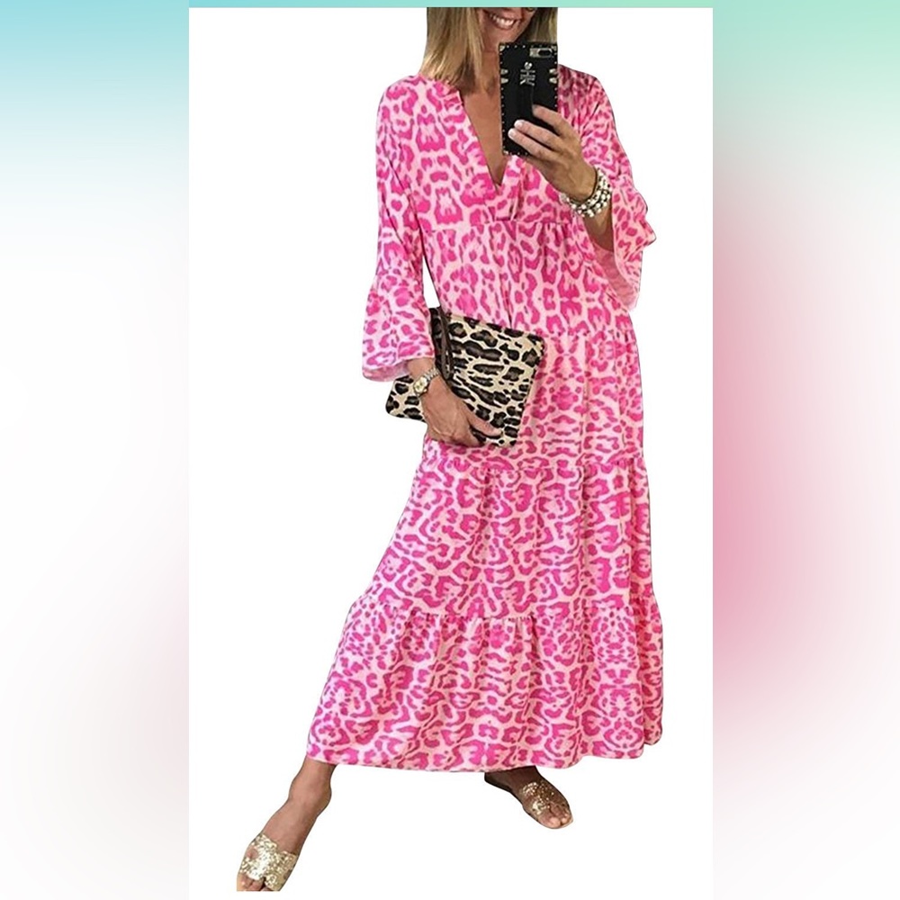 Boho Leopard Print Long Sleeve V Neck Casual Dress
